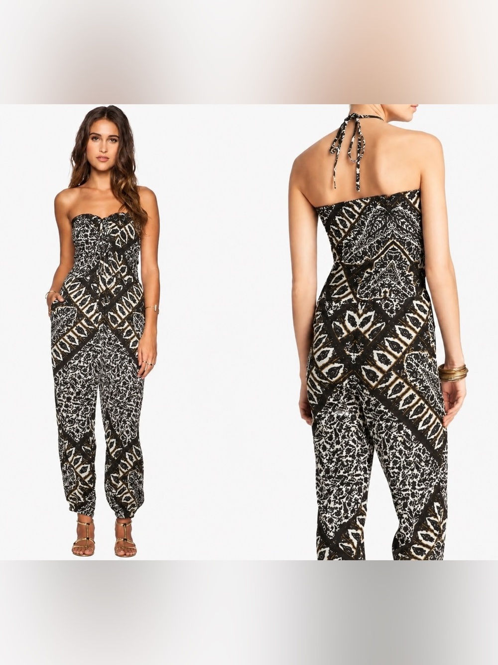 Free People Smocked Balloon Leg Jumpsuit Black White Boho XS